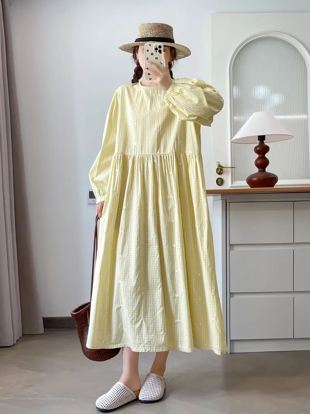 Bust 118cm mori girl autumn Japanese style sweet cotton yellow blue check embroider loose dress autumn women's plaid dress