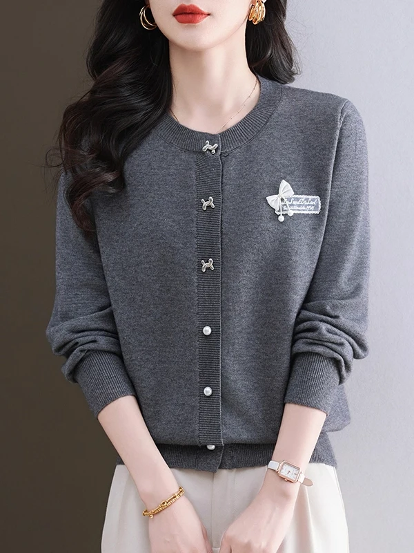 

Вязаный кардиган с узлами и длинными рукавами, круглым вырезом, женский, весенне-осенний, для повседневной носки, стандартный крой, цельный.