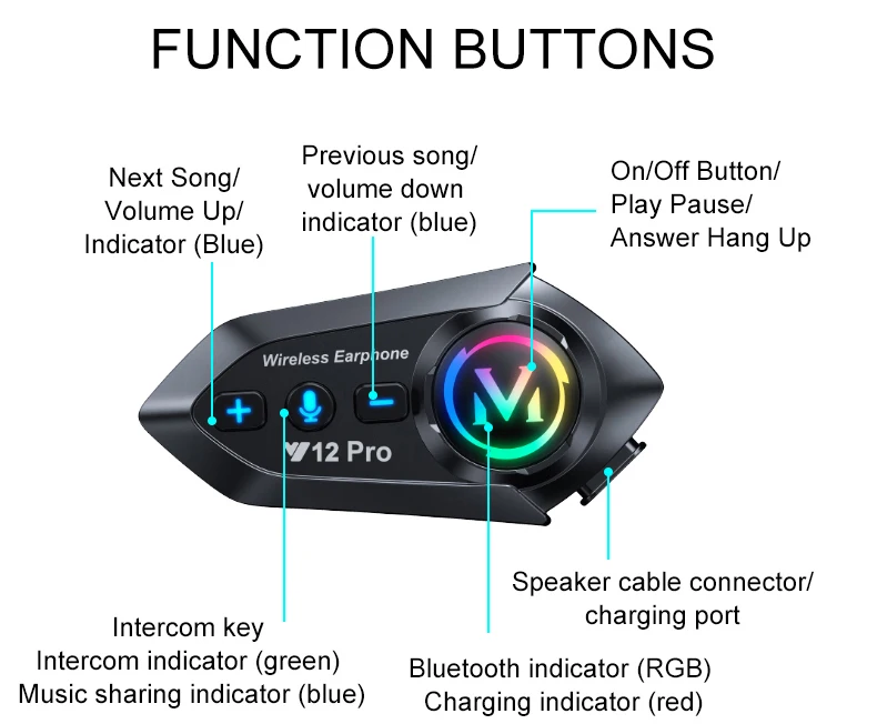 Y12 Pro Motorradhelm Bluetooth Headset Intercom Entfernung 500M IP56 Staub und wasserdicht Sprachassistent Mischen Musik Teilen – Detail 15