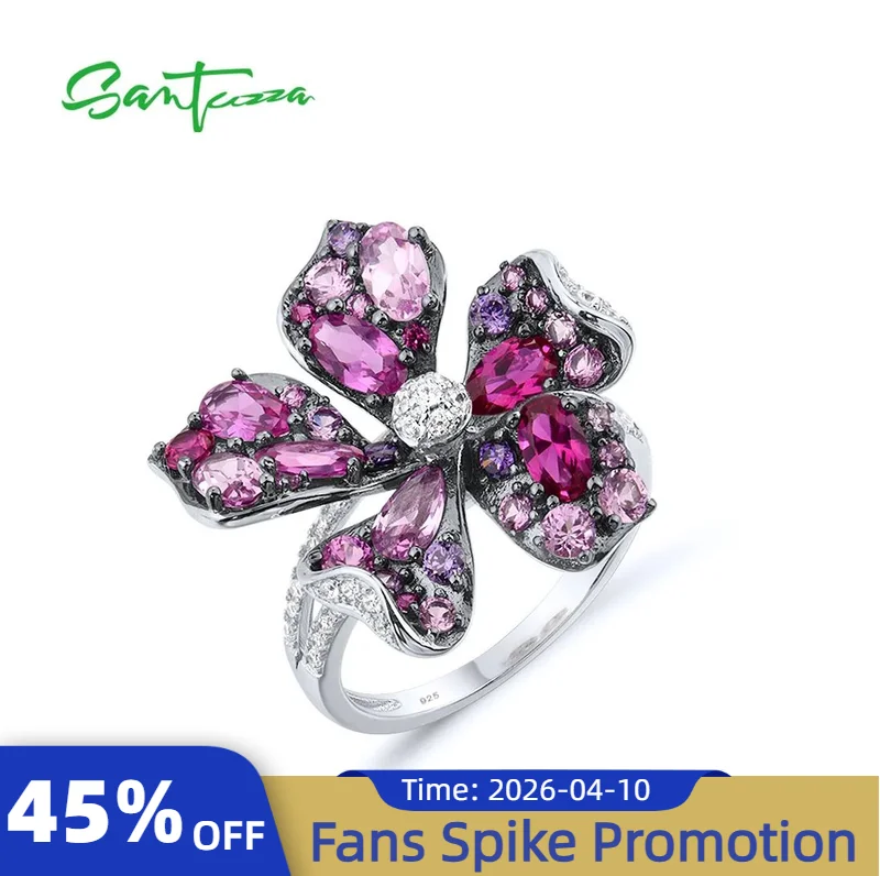 

SANTUZZA Серебряное кольцо для женщин, натуральное серебро 925 пробы, сверкающие розовые, красные камни, цветущий цветок лилии, милые изящные ювелирные изделия