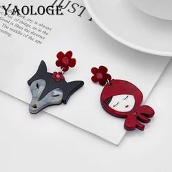 YAOLOGE Cartoon Asymmetric Women Earrings Wolf and Little Red Riding Hood Pattern Acrylic Jewelry Girls Party Unique Decoration