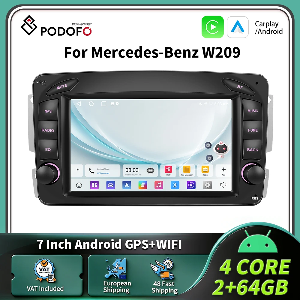 Podofo 7-Zoll Wireless Carplay Android Auto Autoradio mit MirrorLink, Multimedia-Player, GPS-Navigation für Mercedes-Benz W209