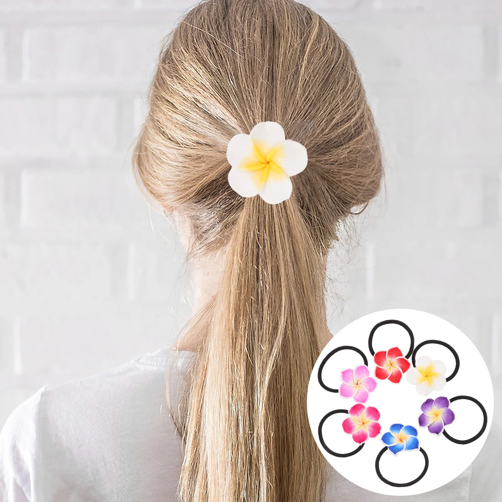 12 pezzi Plumeria Decorazione per capelli Fascia per capelli per ragazza Fiore Trasparente Elastico Cravatte Spilli Nastro di simulazione