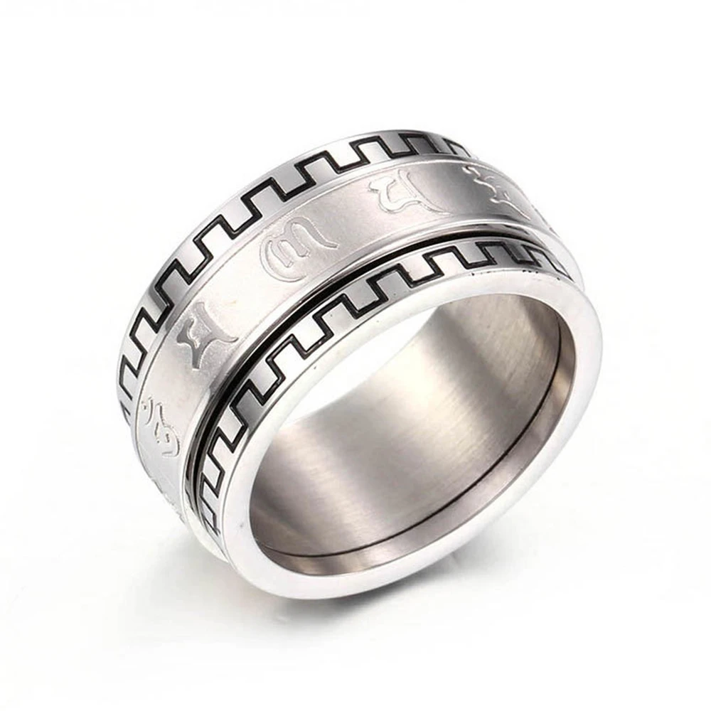 Tibetan Buddhism Six-character Rumor Rings Golden Silver Color Stainless Steel Rotatable Ring for Women Men Lucky Jewelry Gifts