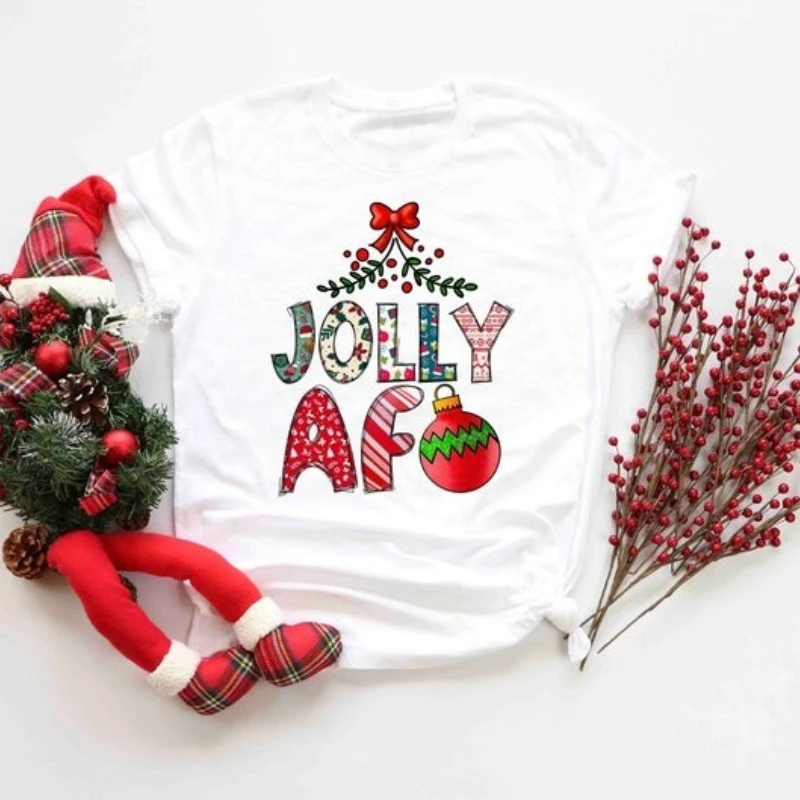 Jolly AF Funny Christmas Holiday Letters Tee Jolliest Humorous New Year Santa's Favorite Lamp Bulb All-match Graphic Tshirts