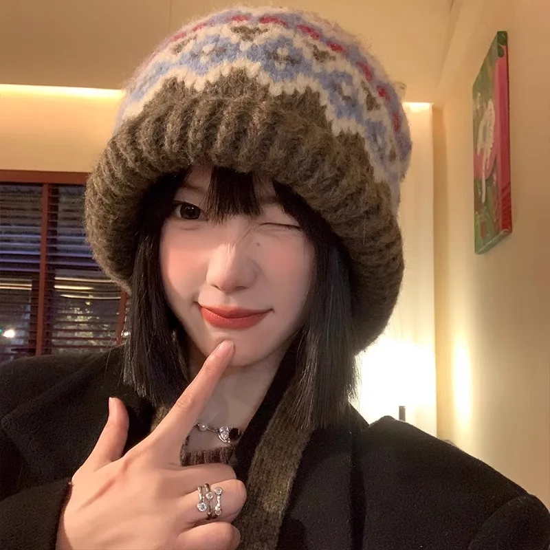 

Outdoor Warm Women's Japanese New Fashion Harajuku Style Cute Woolen Winter Hat Ear-protection Woolen Kawai Soft Knitted Hats