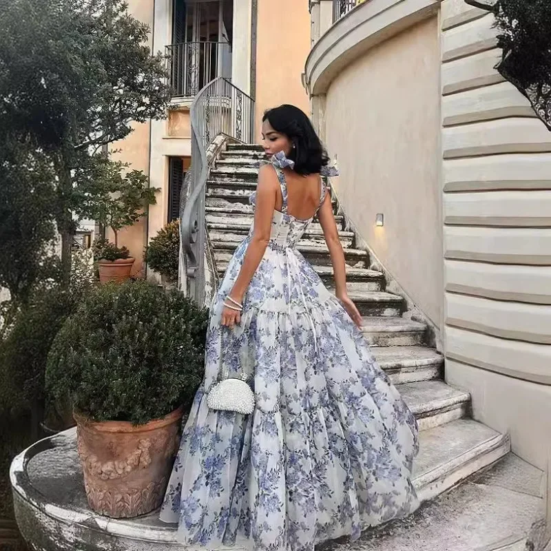 2026 Elegant Sexy V Neck Halter Back Bandage Ruffle Graduation Celebrity Floor Length Dress Women Floral Corset Party Dress