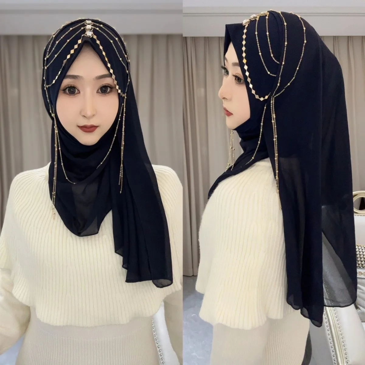 Abaya Hijab pour femmes musulmanes, châle en dentelle, foulard de luxe à pompons, écharpe de prière malaisienne, Kufi Islam, Turban d'Arabie Saoudite 05552