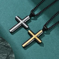 Matte Finish Stainless Steel Wire Drawing Cross Pendant Necklace for Men's Religious Jewelry Collection