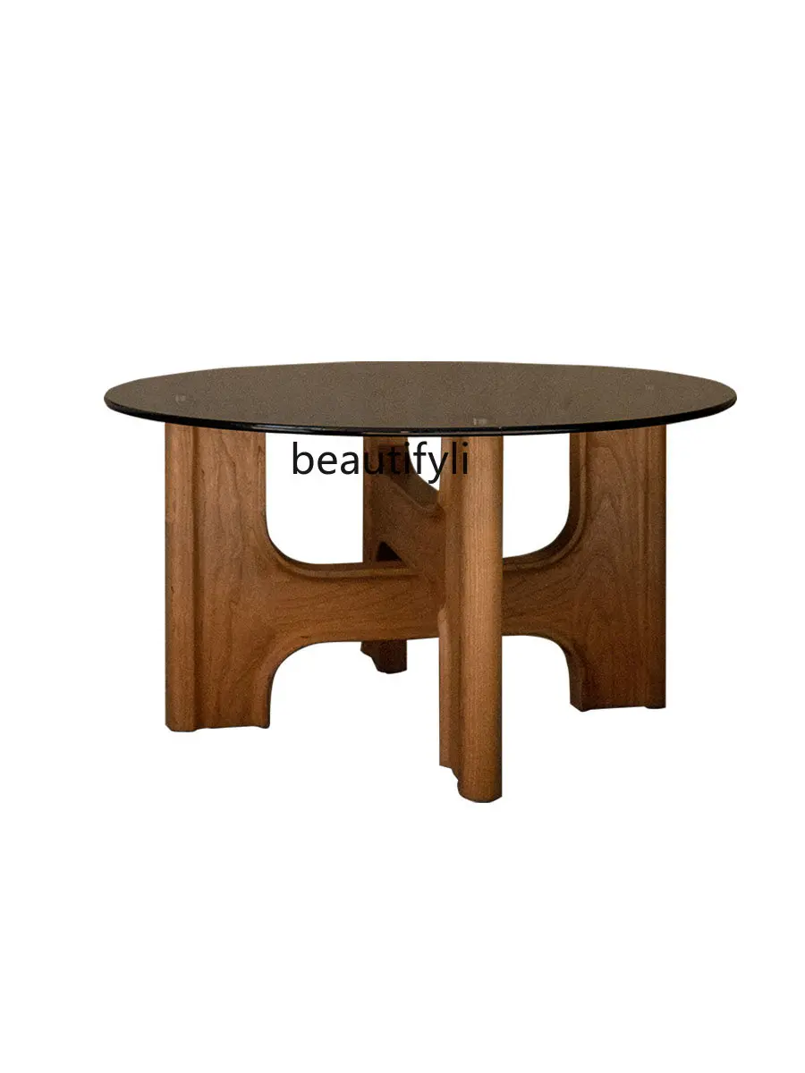 

Silent Elephant round Tea Table Solid Wood Coffee Table Living Room Home Small Apartment Glass Low Table