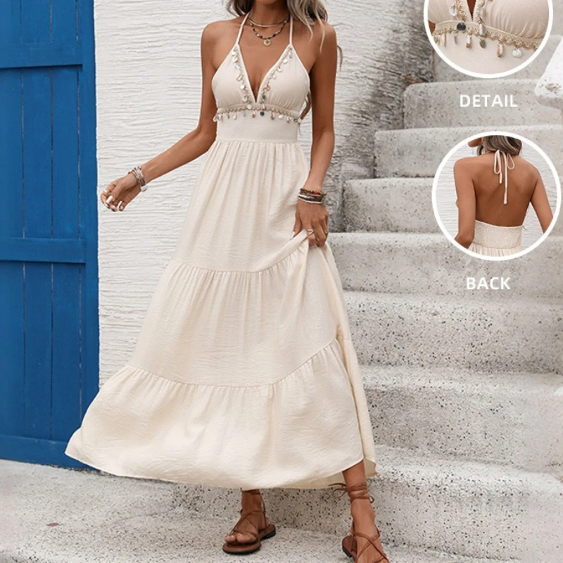 

2026 Spring and Summer New Resort Style V-neck Halterneck Dress European and American Shell Tassel Solid Color Long Skirt