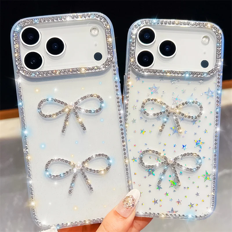

Diamond frame Glitter transparency Phone Case For iphone 17Air 16 Plus 15 14 13 pro max 16e 16promax 15pro bowknot Cute pattern
