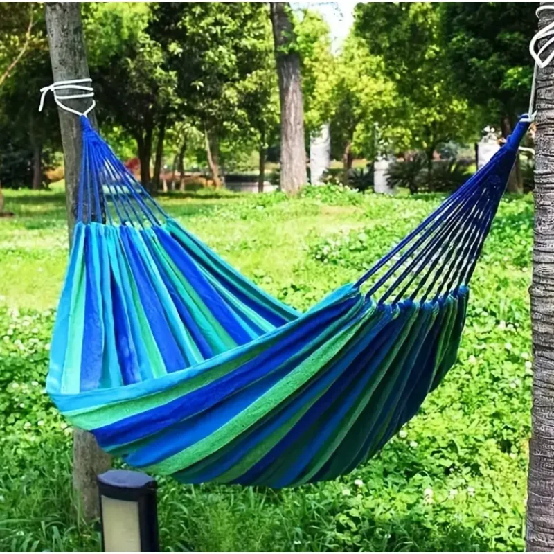 

Vibrant Blue & Green Striped Portable Canvas Hammock - Anti-Rollover Breathable Design, Stable Knots, Perfect for Garden, Balcon