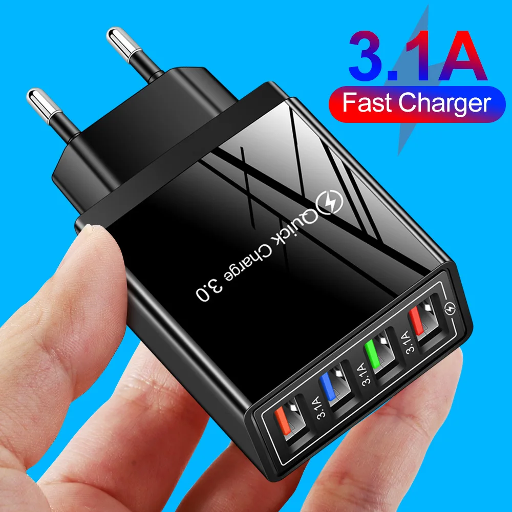 USB Charger 4 Port USB Quick Charge 3.0 EU US Plug Mobile Phone Charger Wall Adapter Portable Fast Charging For iPhone Xiaomi 14