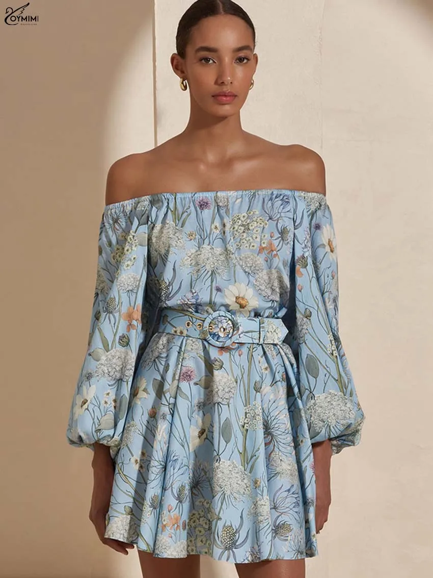 

Oymimi Casual Blue Print Women's Dress Fashion Strapless Wrist Sleeve Lace-Up Dresses Elegant Pleated Mini Dresses Streetwear