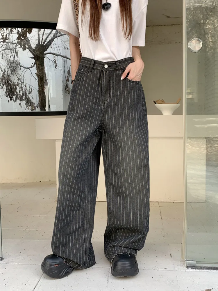 2024 Ropa Y2K Fashion Vintage Striped Wide Leg Baggy Jeans Pants For Women Clothes Straight Washed Black Casual Lady Trousers