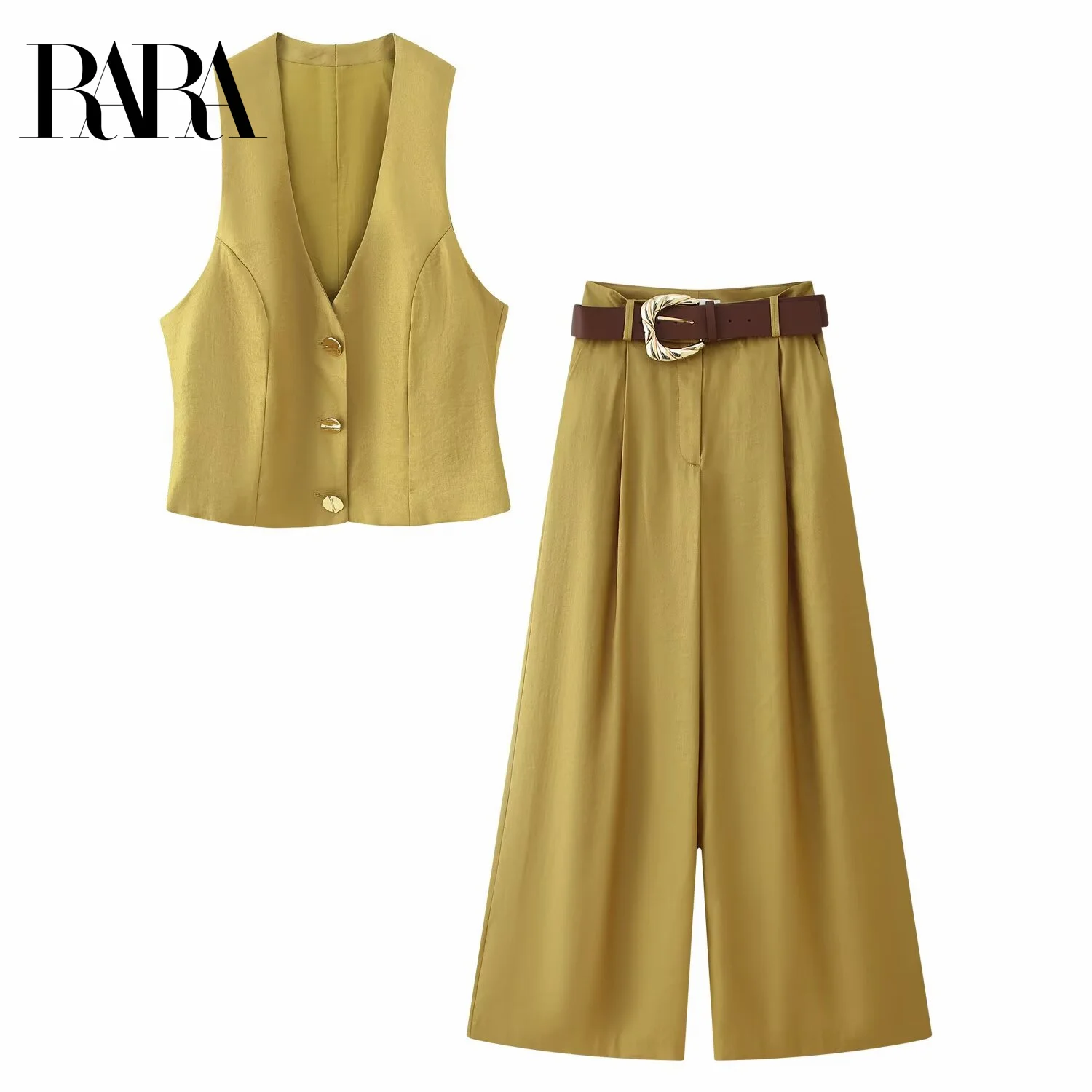

RARA2025 new summer women's casual simple fashion buckle silk satin textured top + belted wide-leg casual trousers