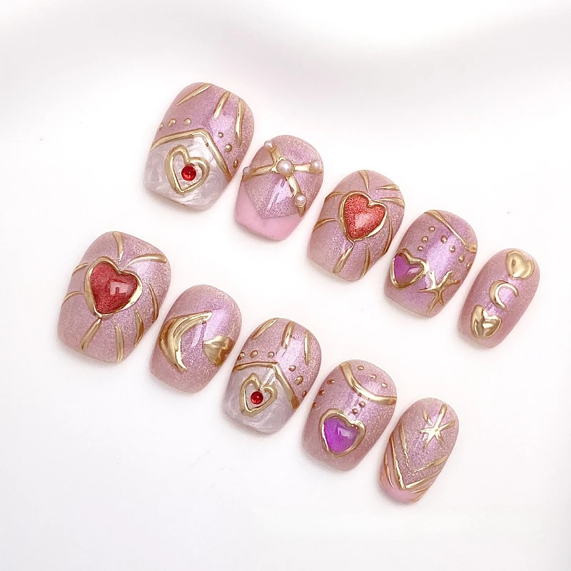 10 Stück Rosa Süße Und Niedliche Nägel Zum Aufdrücken Handgefertigt Schönheit Mädchen Temperament Kurzes Ballett Falsche Nagelpflaster Abnehmbar