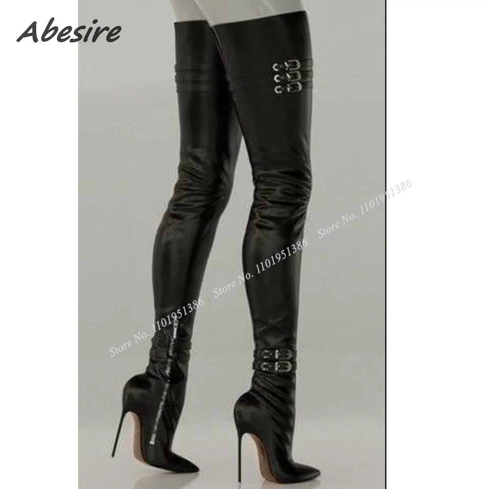 Abesire Black Stiletto Heel Buckle Decor Boots Solid Thin Heel Pointed Toe Shoes for Women High Heel Fashion Zapatillas Mujer