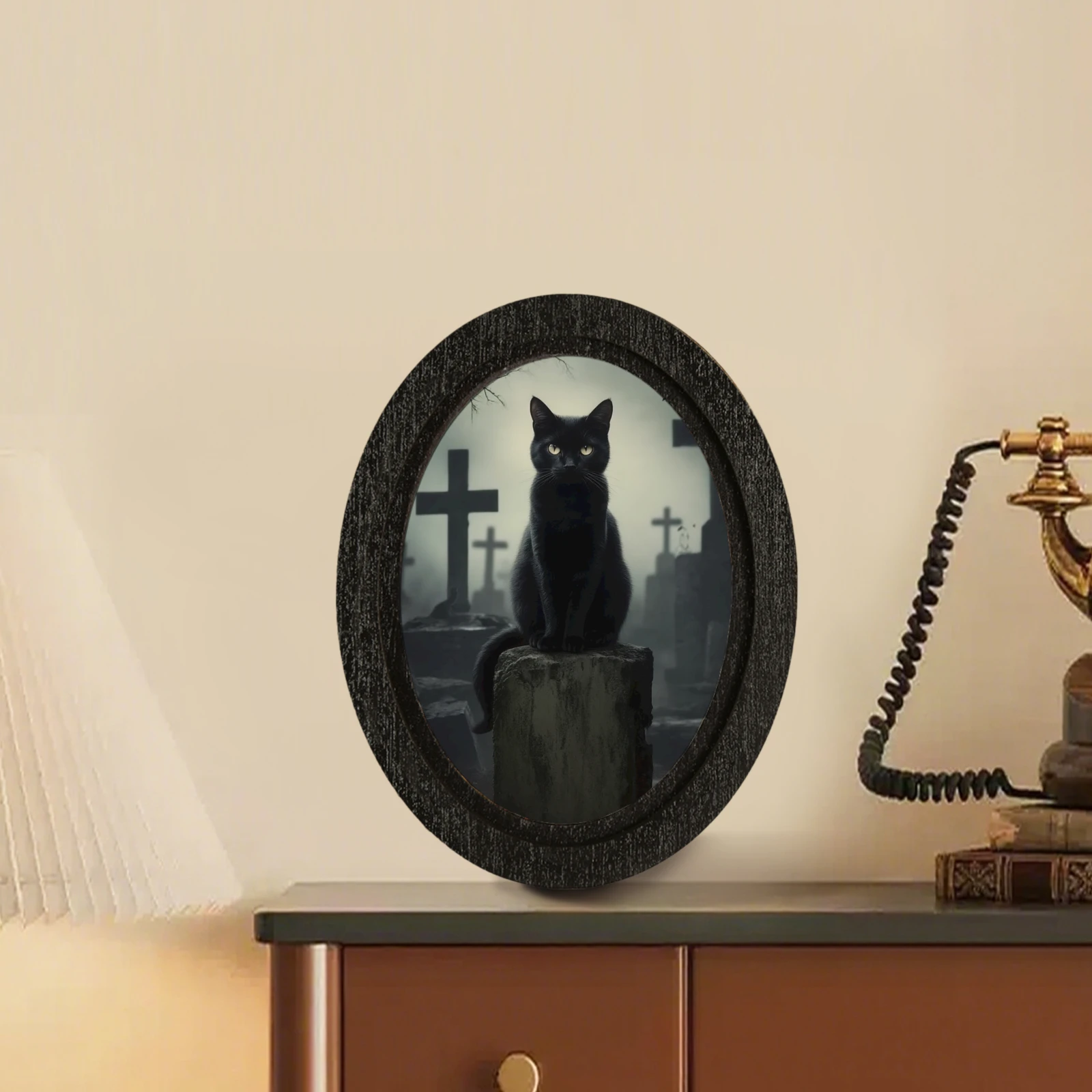 Cross - border Halloween - themed Decoration, Presenting the Element of a Black Cat in a Cemetery, Matched with a Retro Black Ov