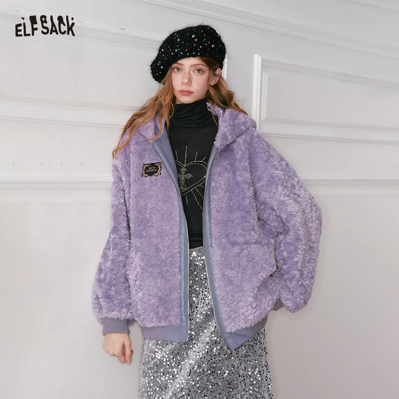 ELFSACK Women Short Hooded Jacket Winter Faux Wool PU Plush Warm Jacket Korean Street Casual Outerwear