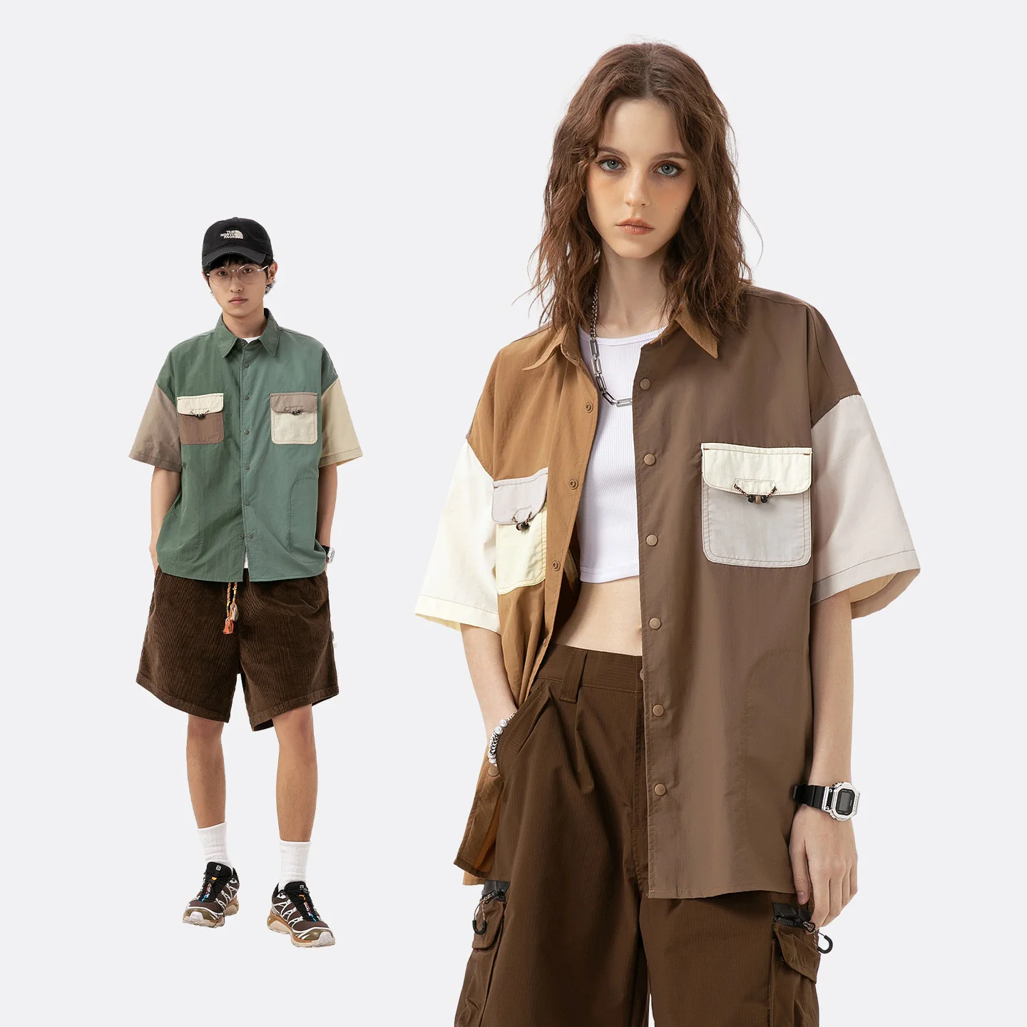 City Outdoor Function Splice Fashion Quick Dry Loose Shirt Men Women Japanese Streetwear Casual Short Sleeve Cargo Shirts Tops