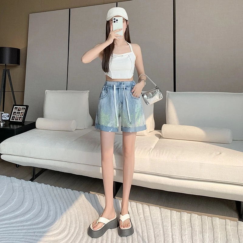 

Women Heavy Duty Denim Shorts Fully Studded with Hot Fix Rhinestones Elastic High Waist New Style