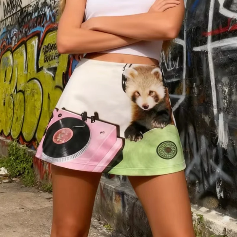 Ins Vintage Style Cute Cartoon Pattern Printing Design Half Skirt Fashion Harajuku Graffiti Short Skirt Women's Clothes Tide