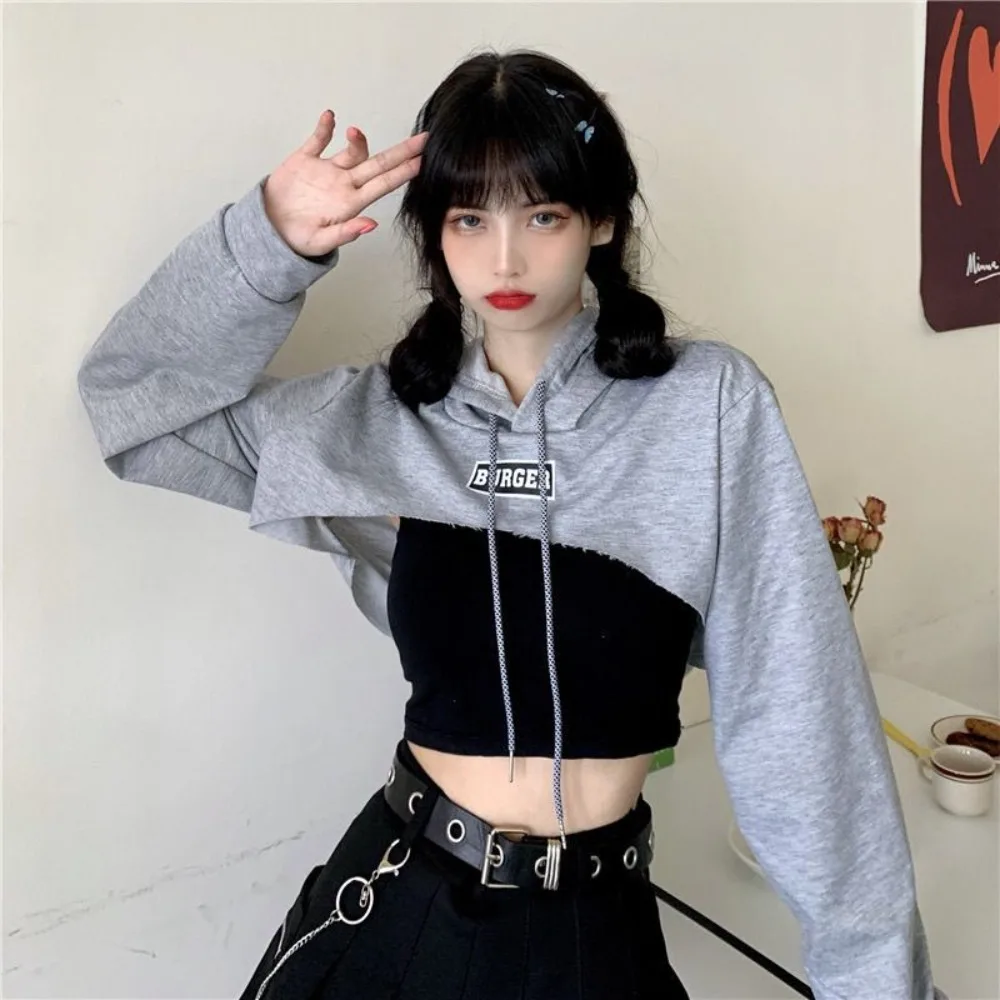 

Harajuku Y2K Ультра короткая толстовка с капюшоном на шнурке Свободный укороченный топ с длинными рукавами Уличная одежда Хип-хоп Пуловер с плечами Лето