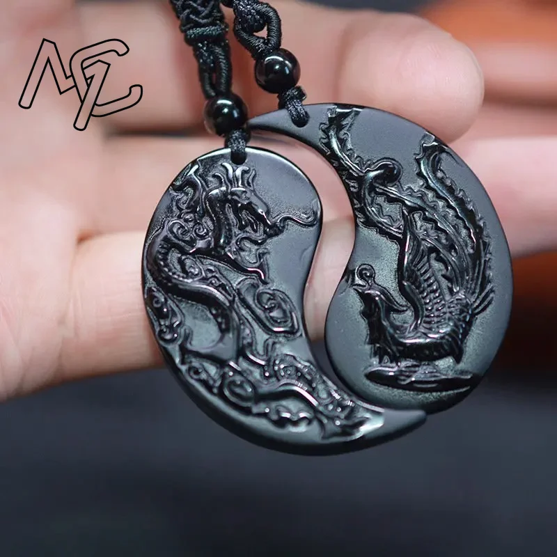 

Natural Obsidian Dragon Phoenix Pendant Personalized Couple Heart-shaped Pendant Men and Women Holiday Gift Necklace amulet
