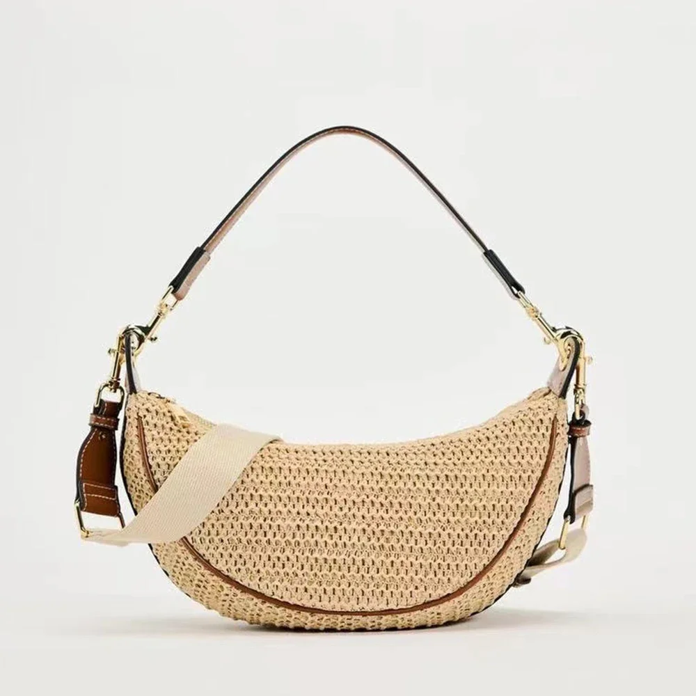 Fashion Woven Hobo Straw Bag Bohemian Half Moon Travel Beach Bags For Women Handbags Designer Handmade Shoulder Crossbody Bag