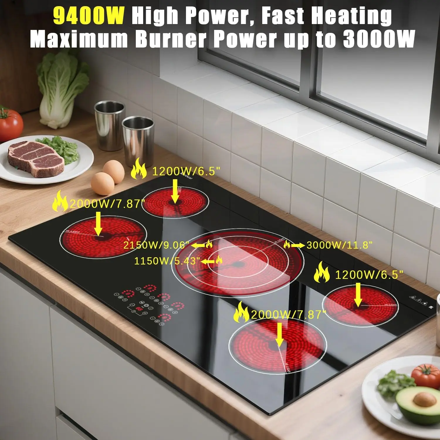 Karinear Electric Ceramic Stove Top 36 Inch Built-in, 5 Burners, Pause, Timer, Safety Lock,Triple Ring Expandable, 9400W, 240V