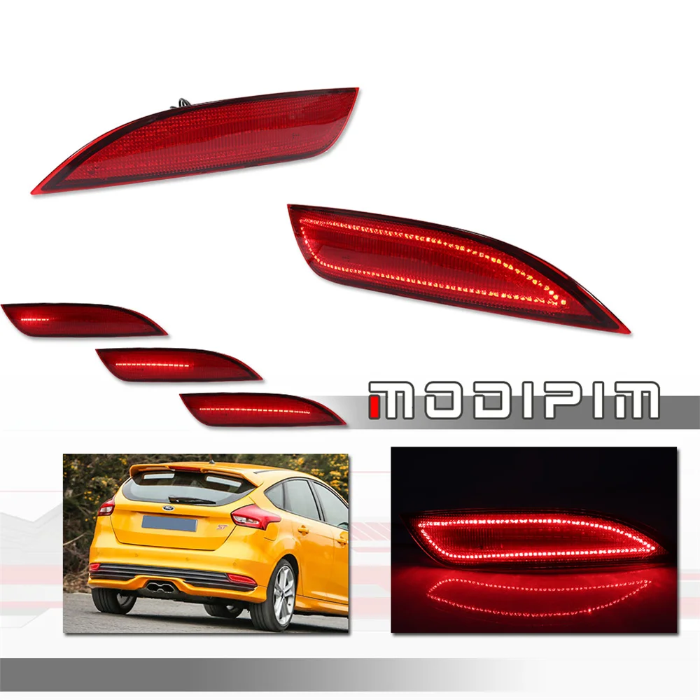 

Car Rear Bumper Reflector Brake Tail Lights Rear Fog Lights w/ Dynamic Blinker Turn Signal For Ford Focus 2015-2018 Red LED 12V