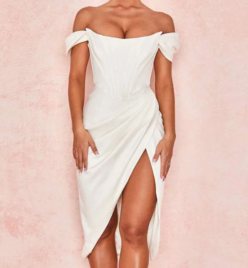 Meqeiss 2023 Nieuwe Blush Satijn Ruches Vrouwen Mini Corset Jurken Bodycon Party Night Club Off Shoulder Jurk Elegante Jurk Verjaardag