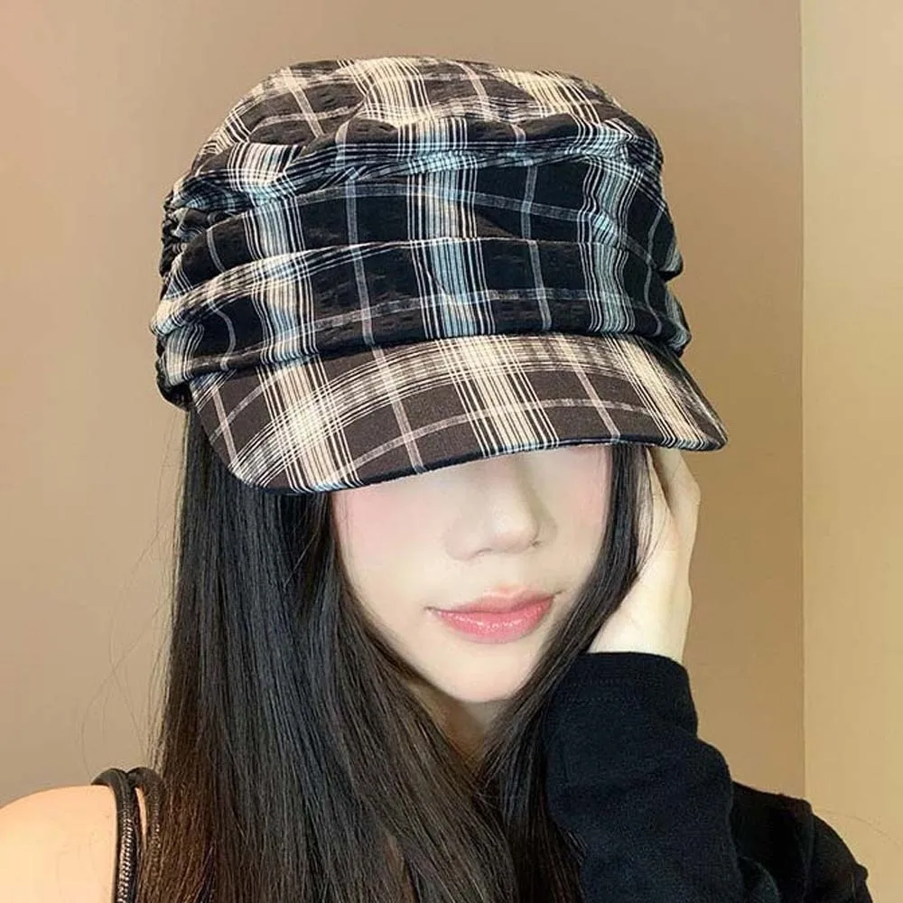 Vintage Looking Plaid Pleated Equestrian Hat British Style Solid Color Peaked Flat Cap Versatile Japanese Style