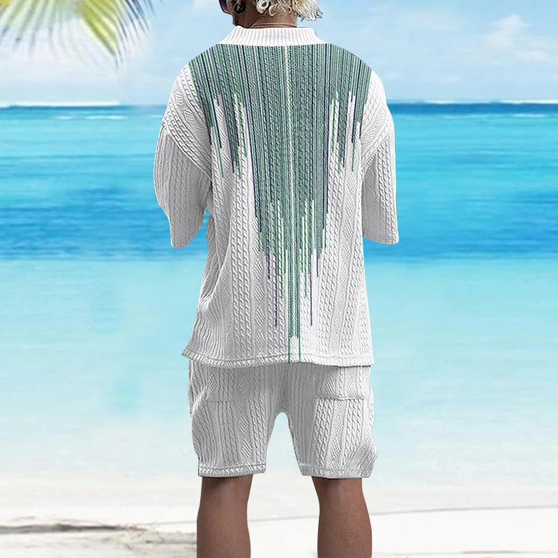 3D printed striped casual knitted shorts set for men\'s summer loose fitting short sleeved large V-neck t-shirt 2-piece set