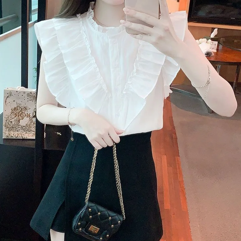 Sleeveless Shirt Tops for Women New Summer Chiffon Thin Solid Color Pleated All-match Loose Sweet Blouse Fashion Sweet Clothing