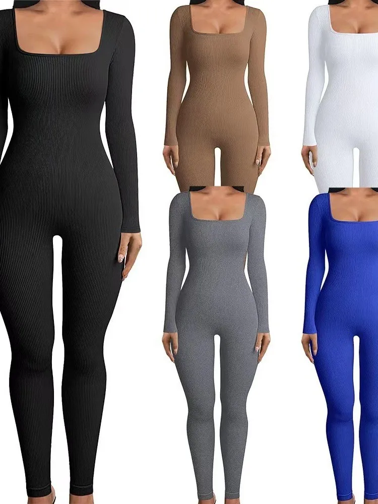 

New Women's Long Sve Jumpsuit Slim Fit Square Collar Ribbed Vest Cross-Border Autumn Winter Sexy One-Piece Suits High Waist