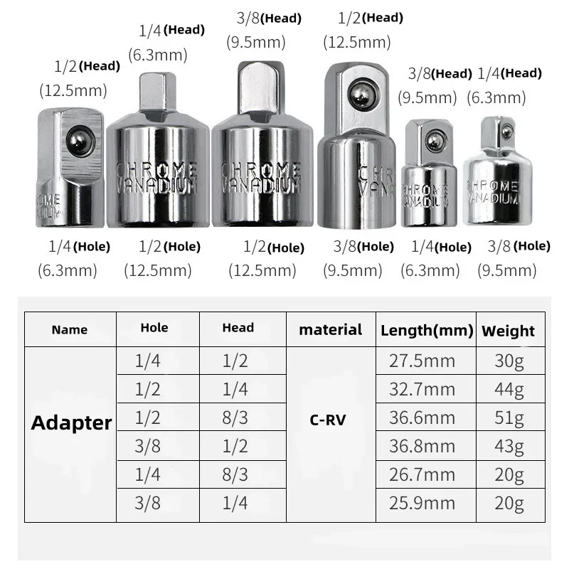 Adaptador de enchufe de Llave de trinquete 1/2, volante grande 3/8, volante medio 1/4, volante pequeño, herramientas de trabajo de acero al cromo vanadio