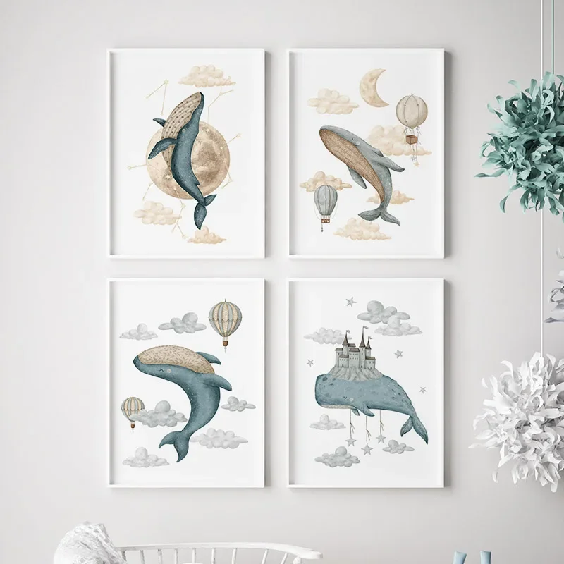 1PC Frameless Watercolour Whale Ship Castle Balloon Nordic Nursery Wall Art Posters Art Prints Canvas Painting  Pictures Baby Ki