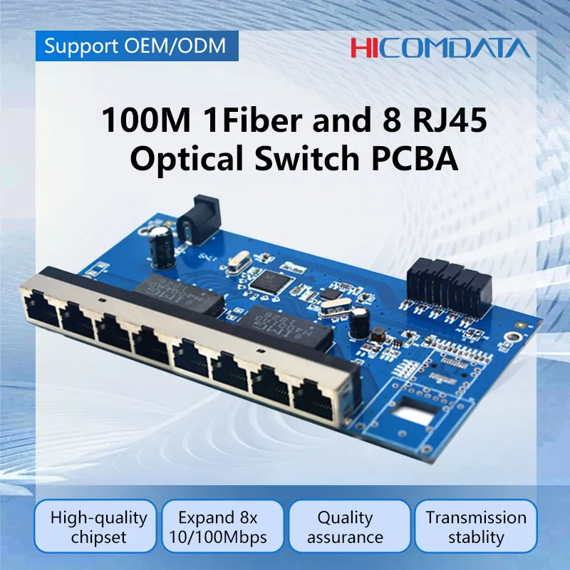 HICOMDATA 100M Fiber Optic Converter 1 Sfp 8 RJ45 Optical Media Network Optics Transciever Equipment Fibre Transceiver PCBA