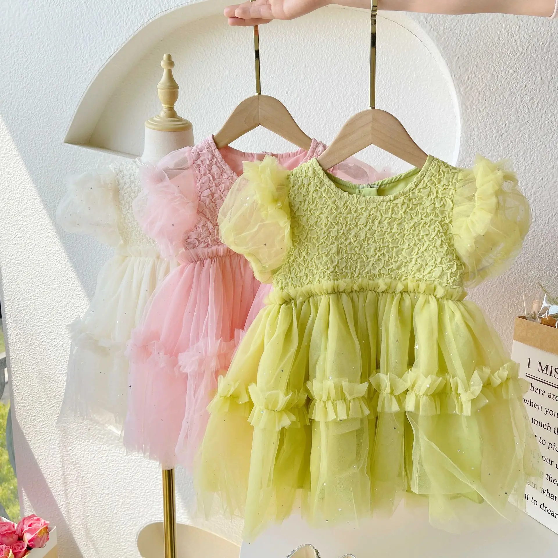 فساتين للفتيات الصغيرات صيفية بأكمام فقاعية شبكية فساتين أميرات للفتيات فساتين حفلات أعياد الميلاد اللطيفة
