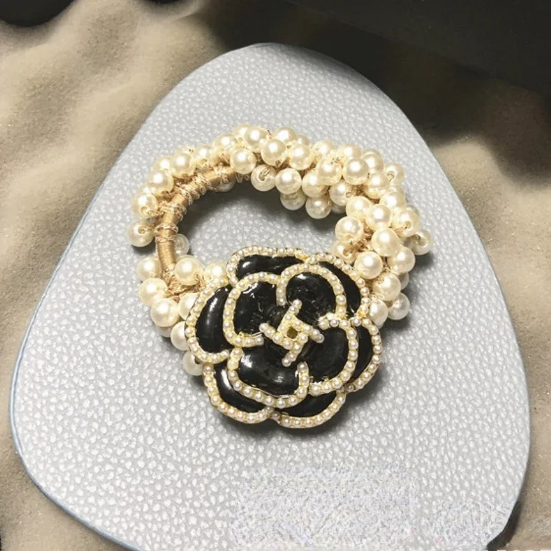 Korean New Camellia Flower Pearl Hair Ties Ring Girl  Accessories Rubber Band Bead Chain Bracelet Jewelry Headband for Women