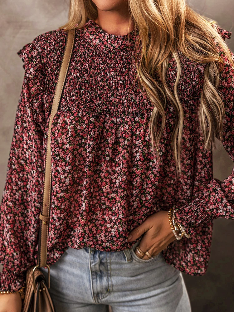 Wiosenna Cienka Bluzka Damska z Szyfonu w Kwiatowy Wzór, Luźny Krój, Okrągły Dekolt, Długi Rękaw, Poliester