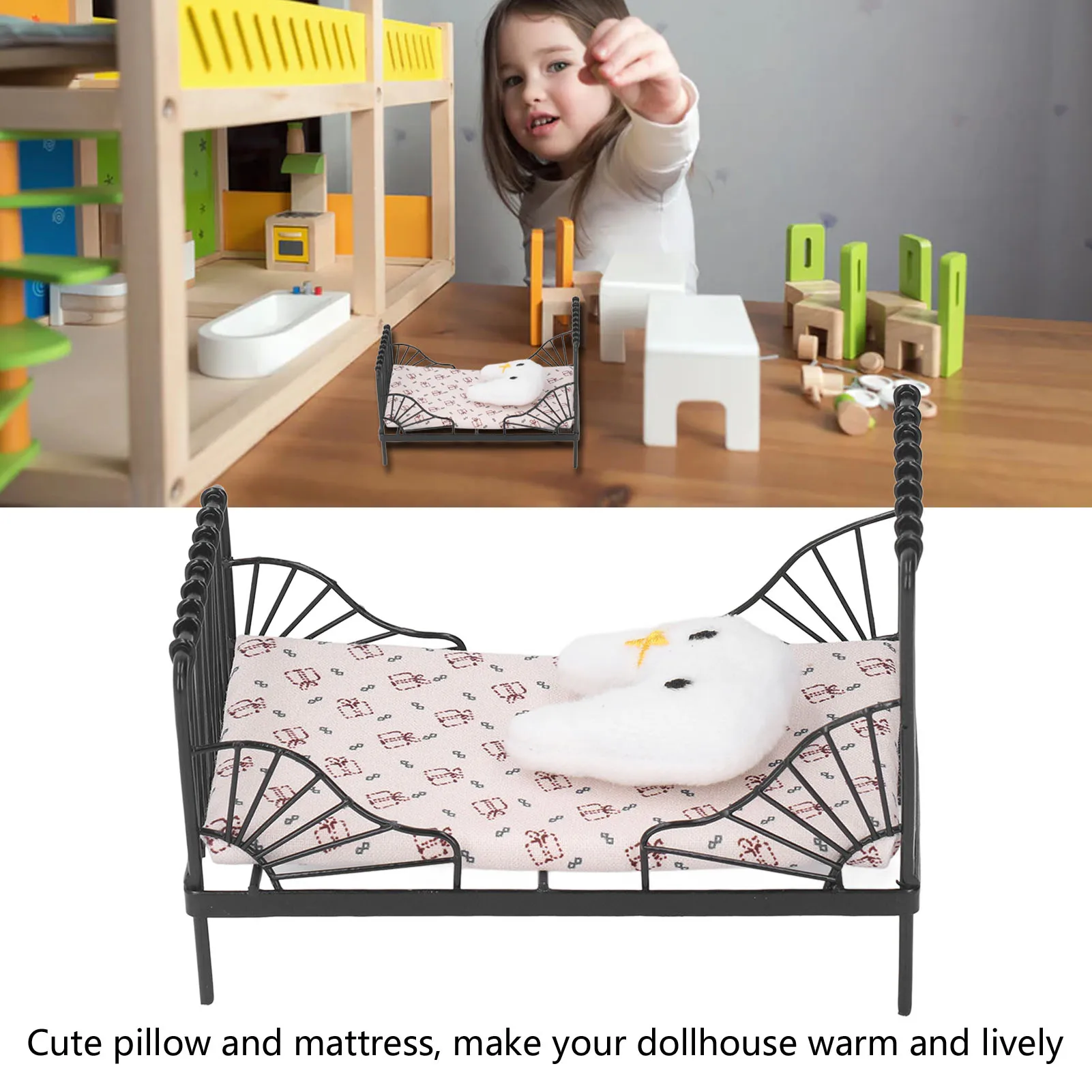 ZK20 1:12 Mini Children Metal Bed Miniature Dollhouse Bedroom Accessory Dollhouse European Style Black Bedroom Furniture