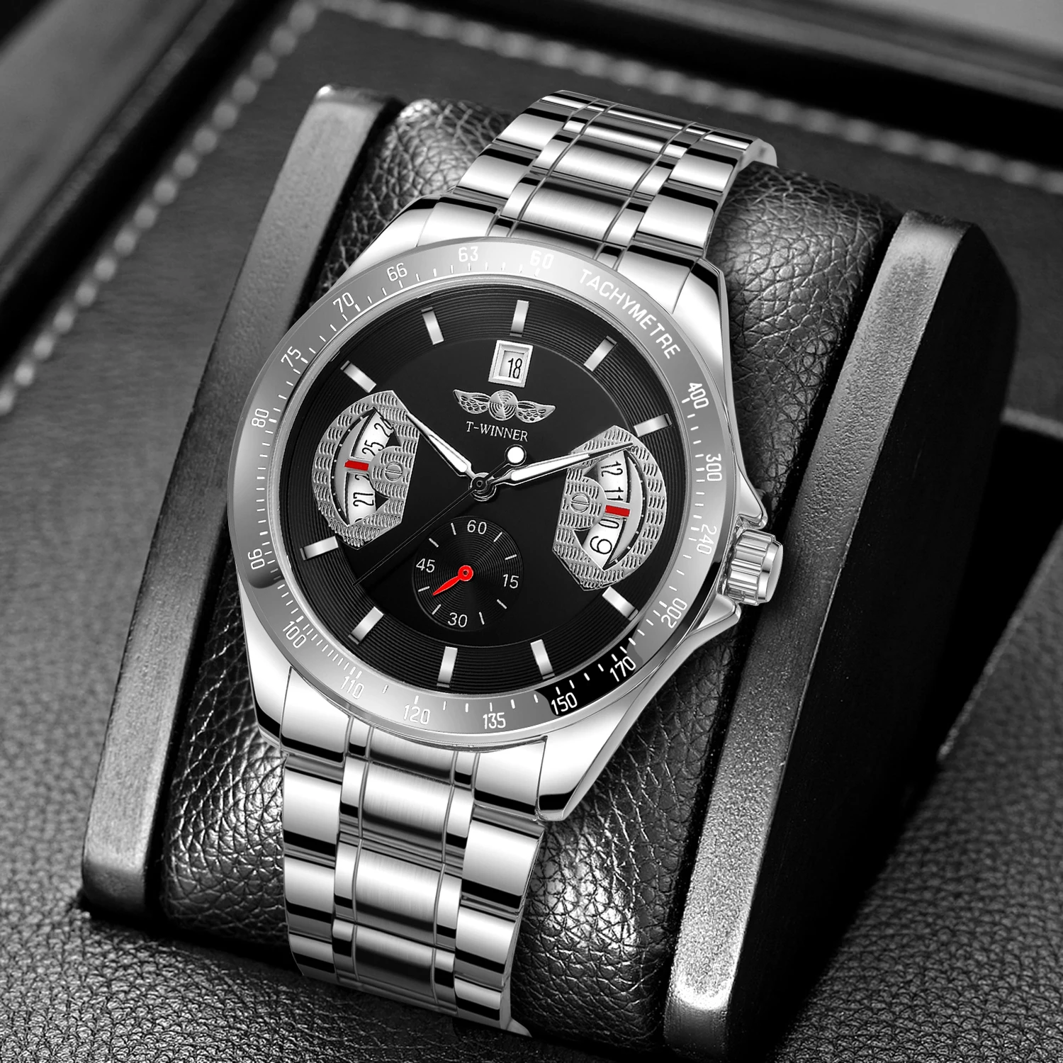 Winner DESIGN Luxury Three Dial Calendar GMT Mechanical Wristwatch Sport Stainless Steel 30M Waterproof Automatic Watch for Men