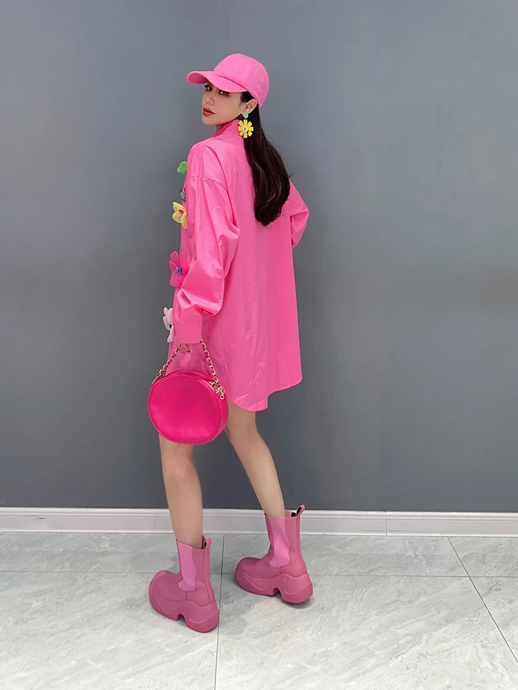 Women's 2025 Spring New Long-sleeve Cotton Shirts Three-dimensional Flower Decoration Cute Tops Fashion Loose Women's Clothing