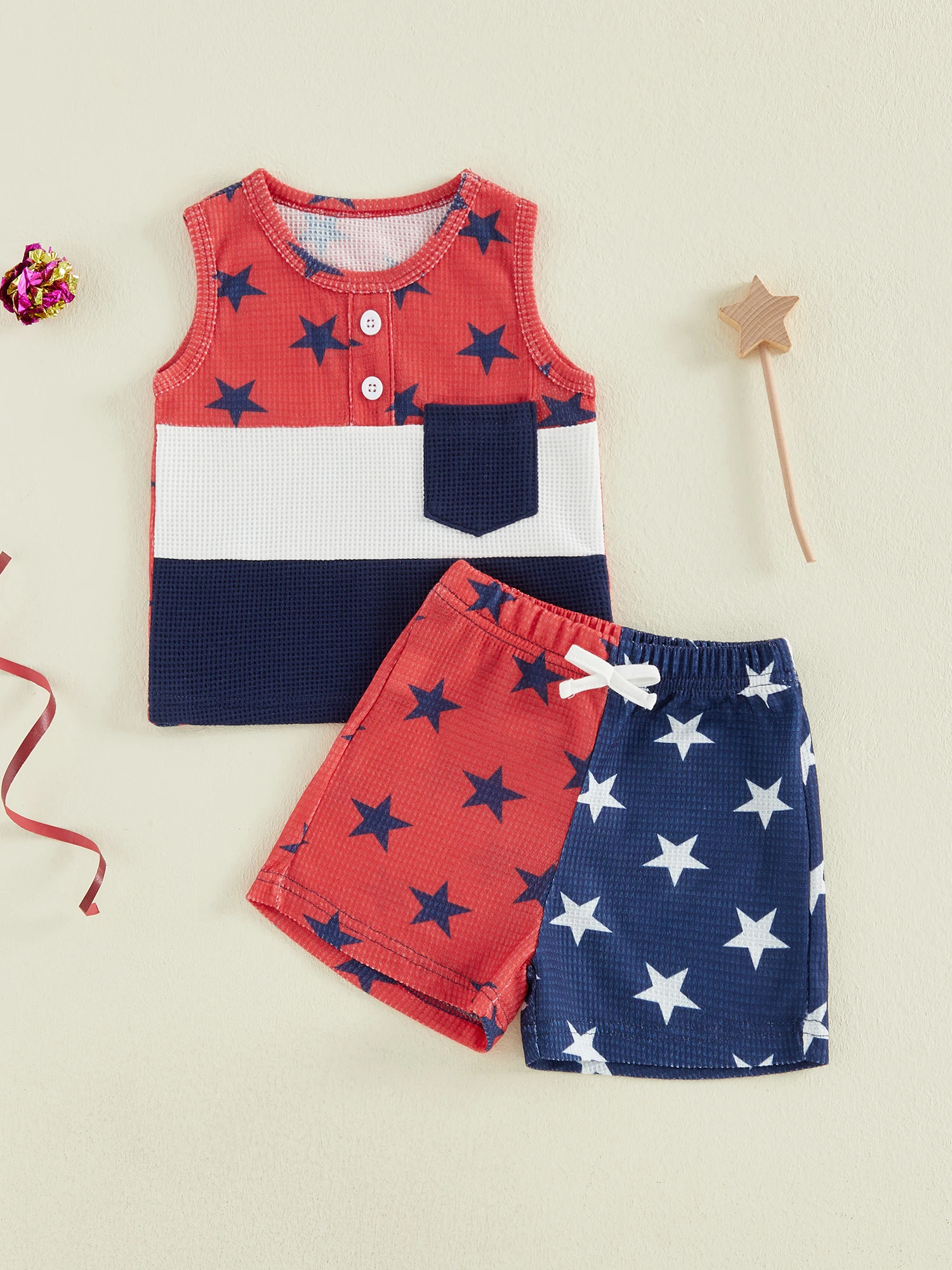 

Infant Patriotic 4th of July Romper American Flag Sleeveless Bodysuit and Shorts 2 Piece Summer Set for Baby Boy or Girl