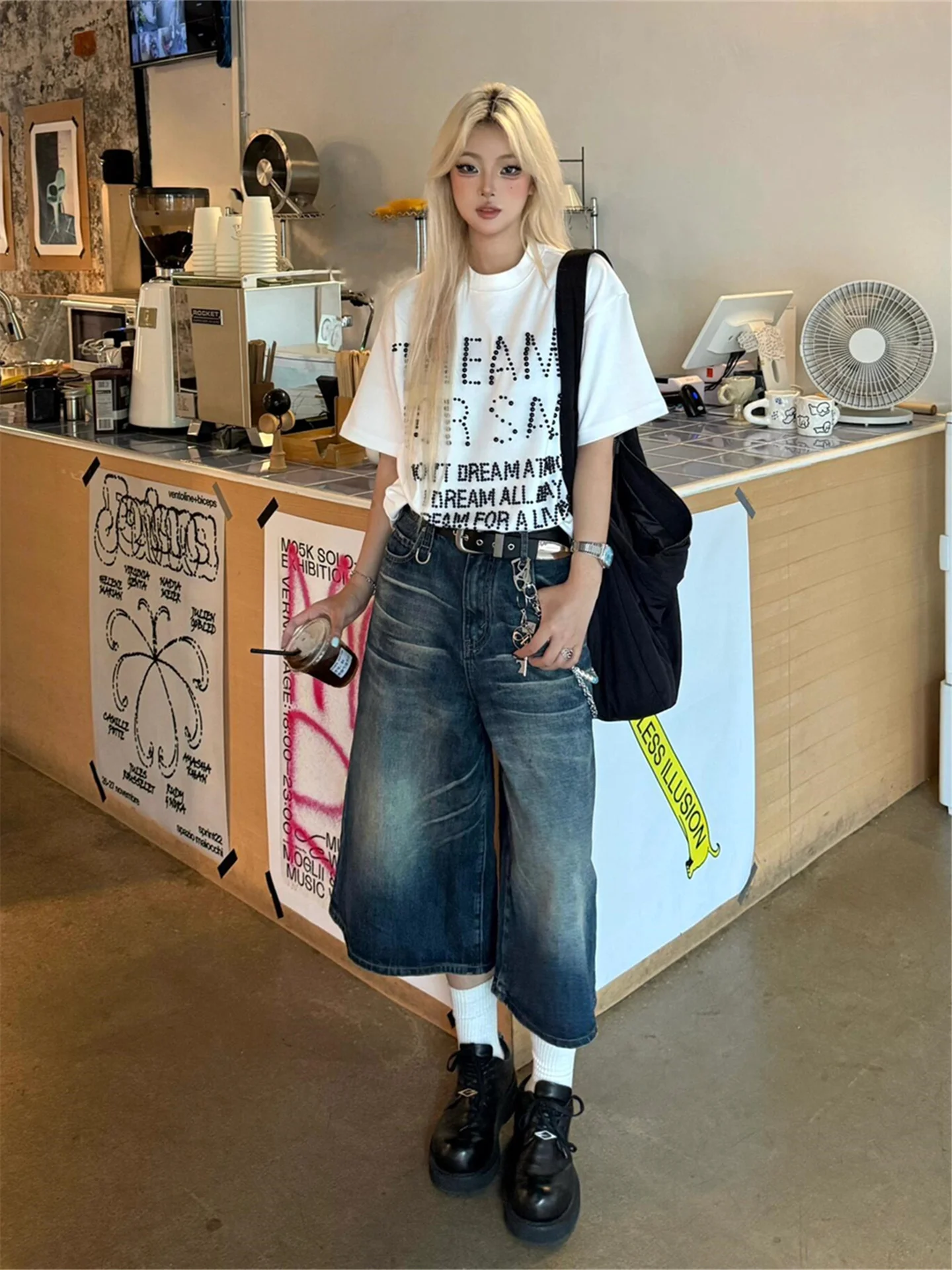 

Retro American Deep Blue Seven-Five Jeans Women Summer High Waist Loose Slimming Washed Design Sense Mid-Pants