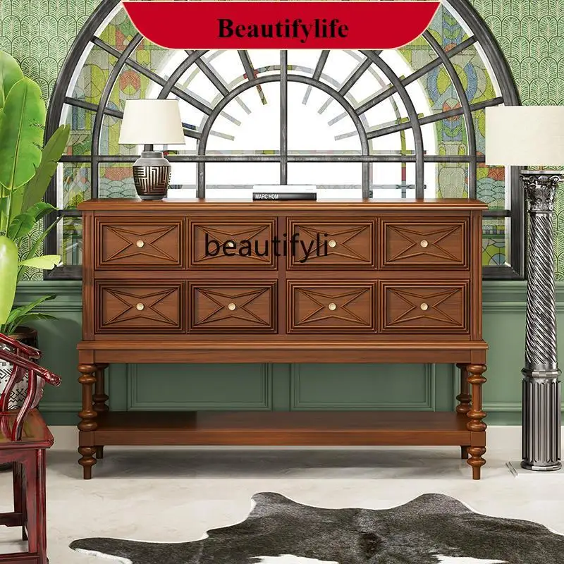 

DD132 French black solid wood porch cabinet retro living room antique chest cabinet partition cabinet screen storage table